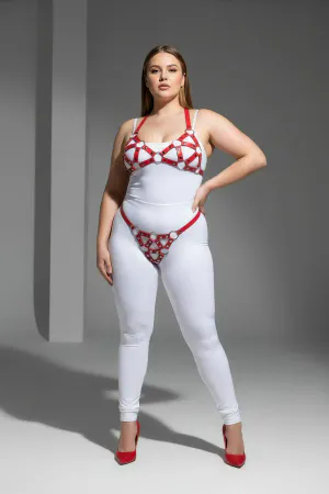 Red Faux Leather Cage Harness Bra and Panty Set with Silver O-Rings Worn on Plus Size Model