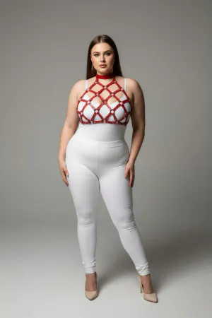 Büyük Beden Kırmızı Kadın Deri Harness Takım Çivi Detaylı Şık Aksesuar - APFT443