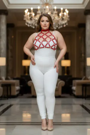 Büyük Beden Kırmızı Kadın Deri Harness Takım Çivi Detaylı Şık Aksesuar - APFT443