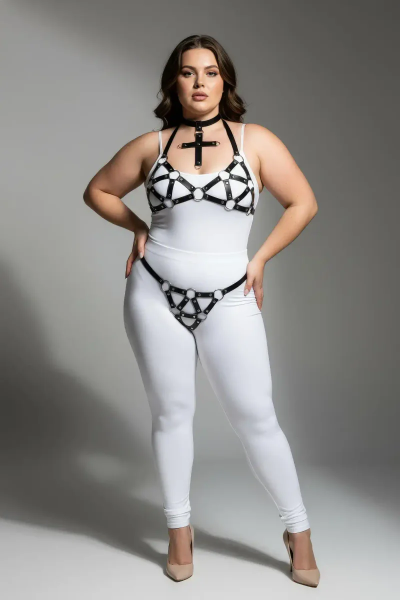 Black Vegan Leather Harness Lingerie Front