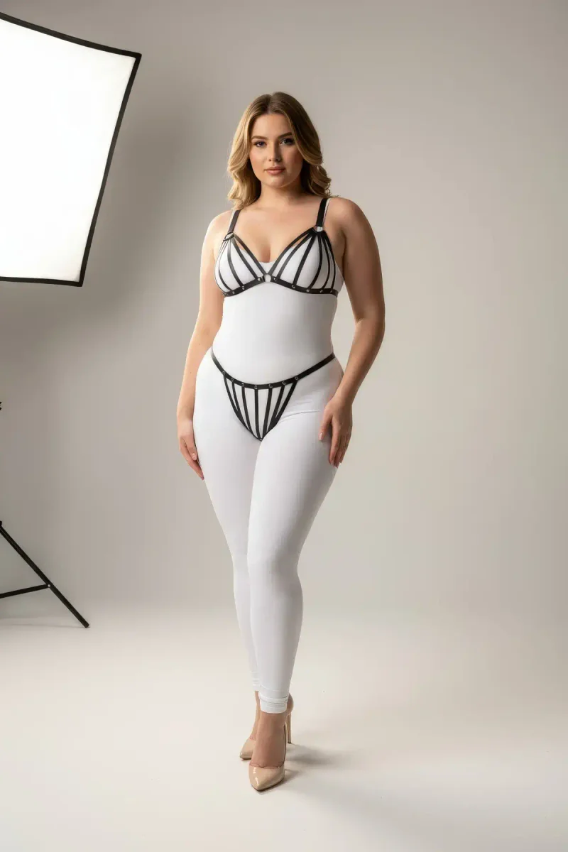 Black Strappy Harness Bra Front View Plus