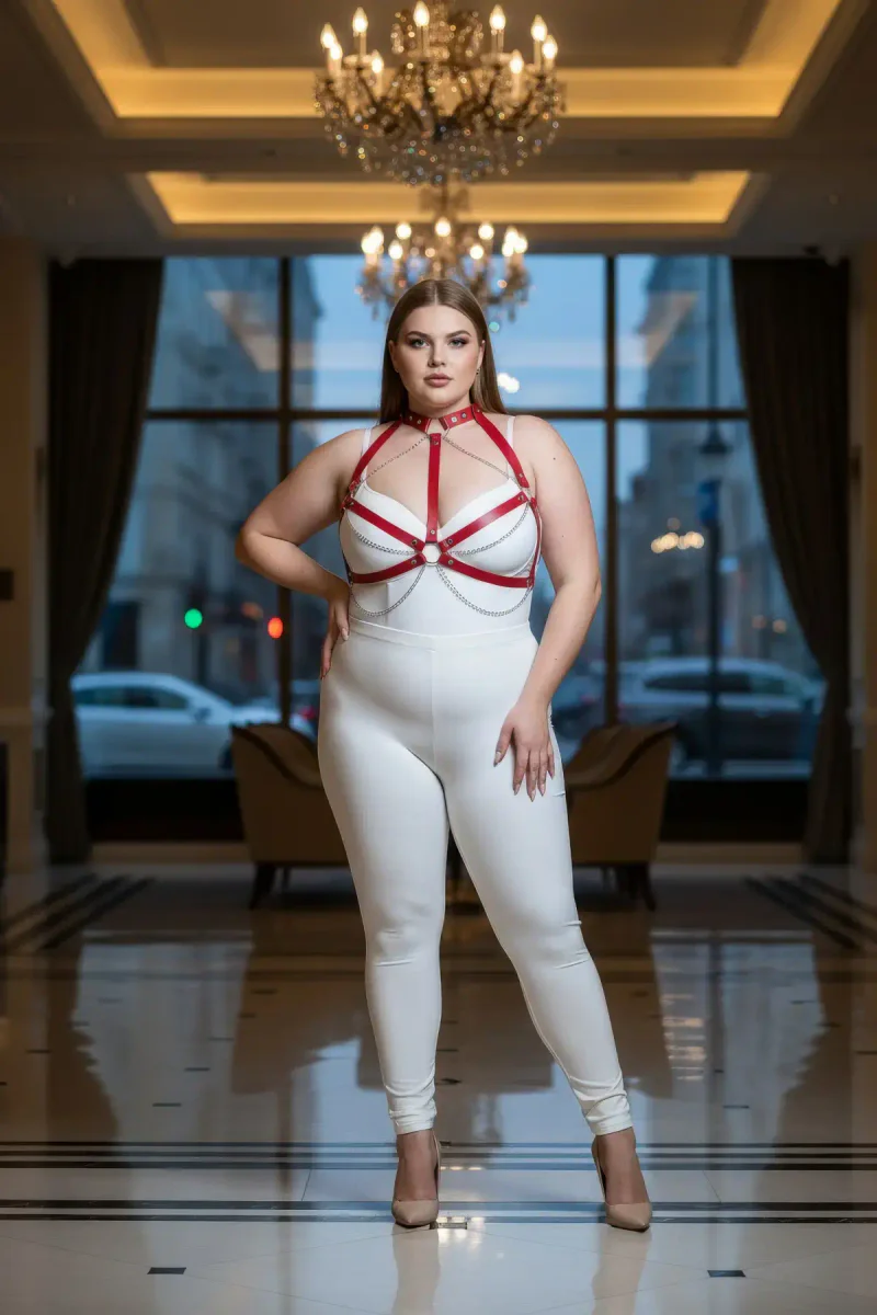 Red Faux Leather Chest Harness with Silver Chains for Women