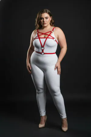 Büyük Beden Kırmızı Kadın Deri Harness Takım Halka Detaylı Fantezi Aksesuar - APFT821