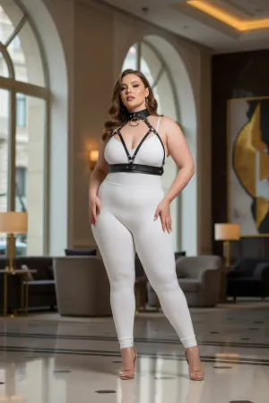Black faux leather choker and chest harness set with O-ring detail on a plus size model
