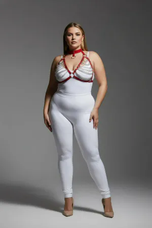 Büyük Beden Kırmızı Kadın Harness Takım Zincir Detaylı Fantezi Choker Yaka - APFT945