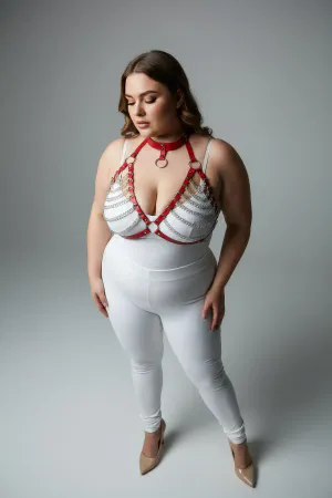 Büyük Beden Kırmızı Kadın Harness Takım Zincir Detaylı Fantezi Choker Yaka - APFT945