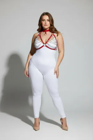 Büyük Beden Kırmızı Kadın Harness Takım Zincir Detaylı Fantezi Choker Yaka - APFT945