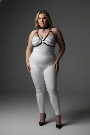 Büyük Beden Siyah Kadın Harness Takım Zincir Detaylı Deri Body Aksesuarı - APFT945