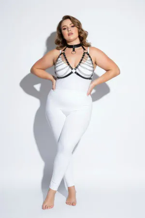 Büyük Beden Siyah Kadın Harness Takım Zincir Detaylı Deri Body Aksesuarı - APFT945