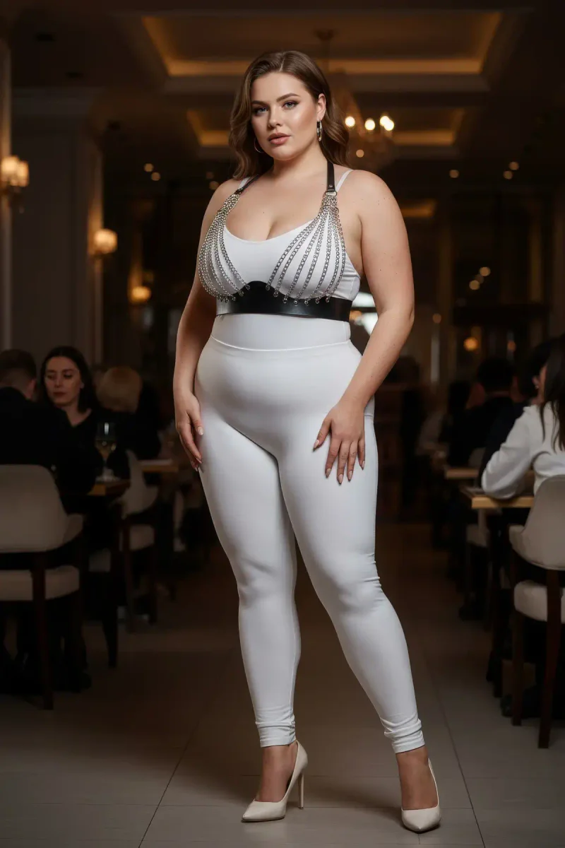 Fashionable Festival Outfit Featuring a Black Chain Harness Bra Side View