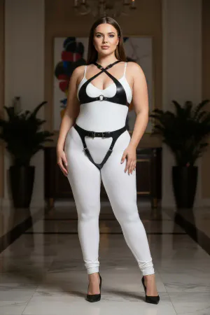 Black Faux Leather Full Body Harness Set with Garter Straps, worn by a plus-size woman