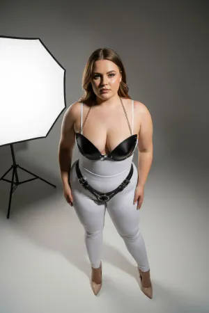 Black Faux Leather Bra Harness with Silver Chain on Plus Size Model