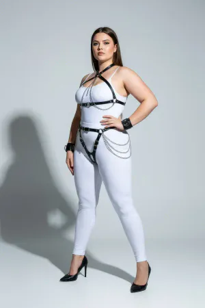 Büyük Beden Siyah Kadın Deri Harness Takım Zincir ve Jartiyer Detaylı - APFT1224