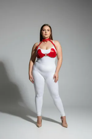 Red Faux Leather Chest Harness Plus Size Model O-Ring Choker