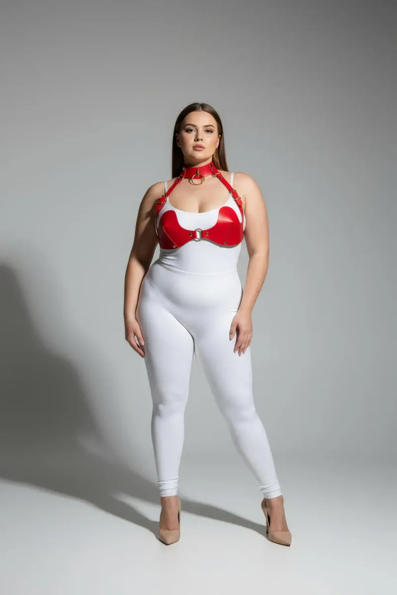 Red Faux Leather Chest Harness Plus Size Model O-Ring Choker