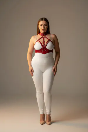 Büyük Beden Kırmızı Kadın Deri Harness Takım Fantazi Tasmalı - APFT1286