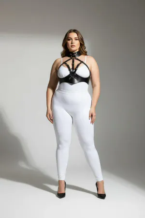 Black faux leather body harness with high collar and adjustable straps, worn by a plus-size model.
