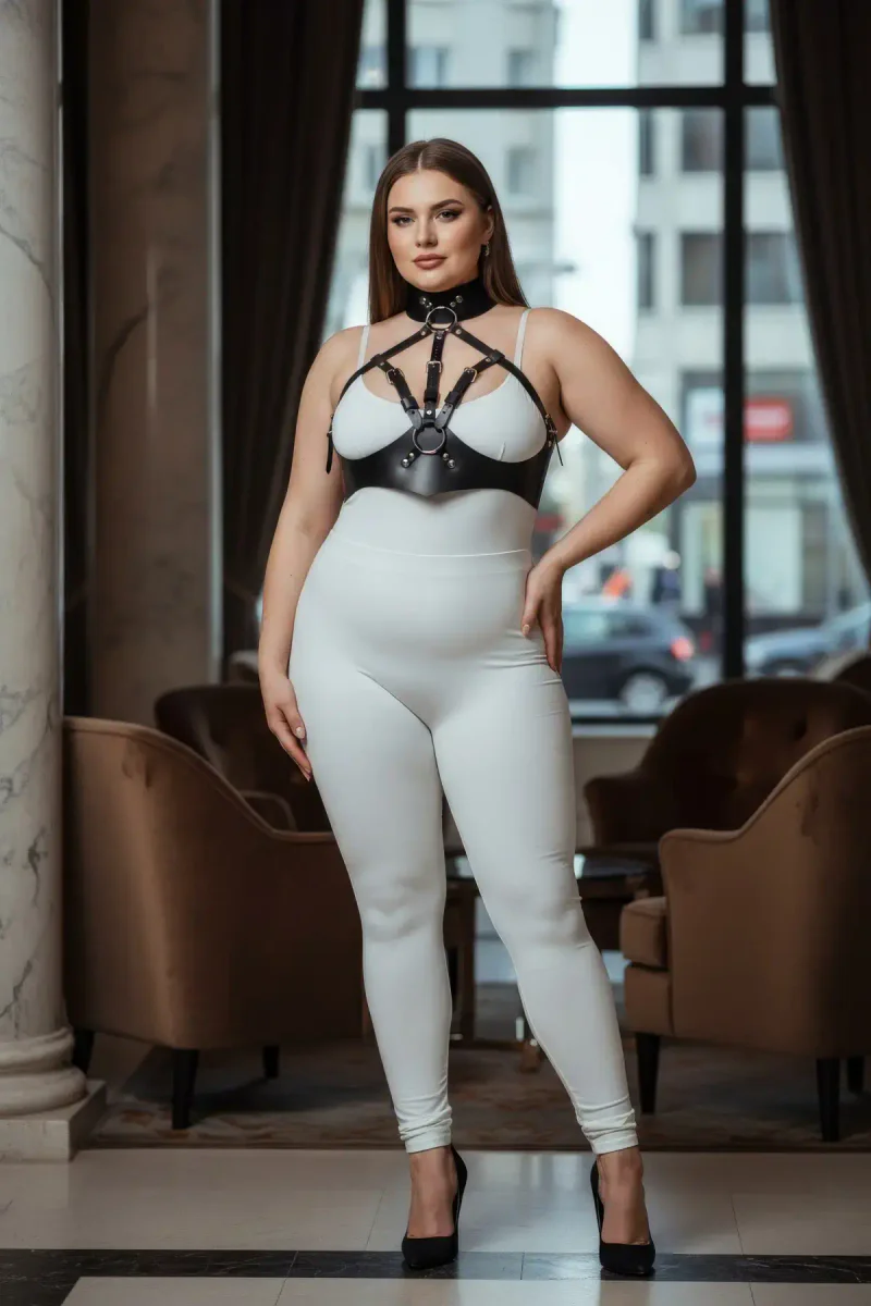Festival black faux leather harness with high collar detail on model