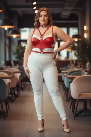 Büyük Beden Kırmızı Kadın Harness Takım Deri Halka Detaylı Fantezi Aksesuar - APFT1296