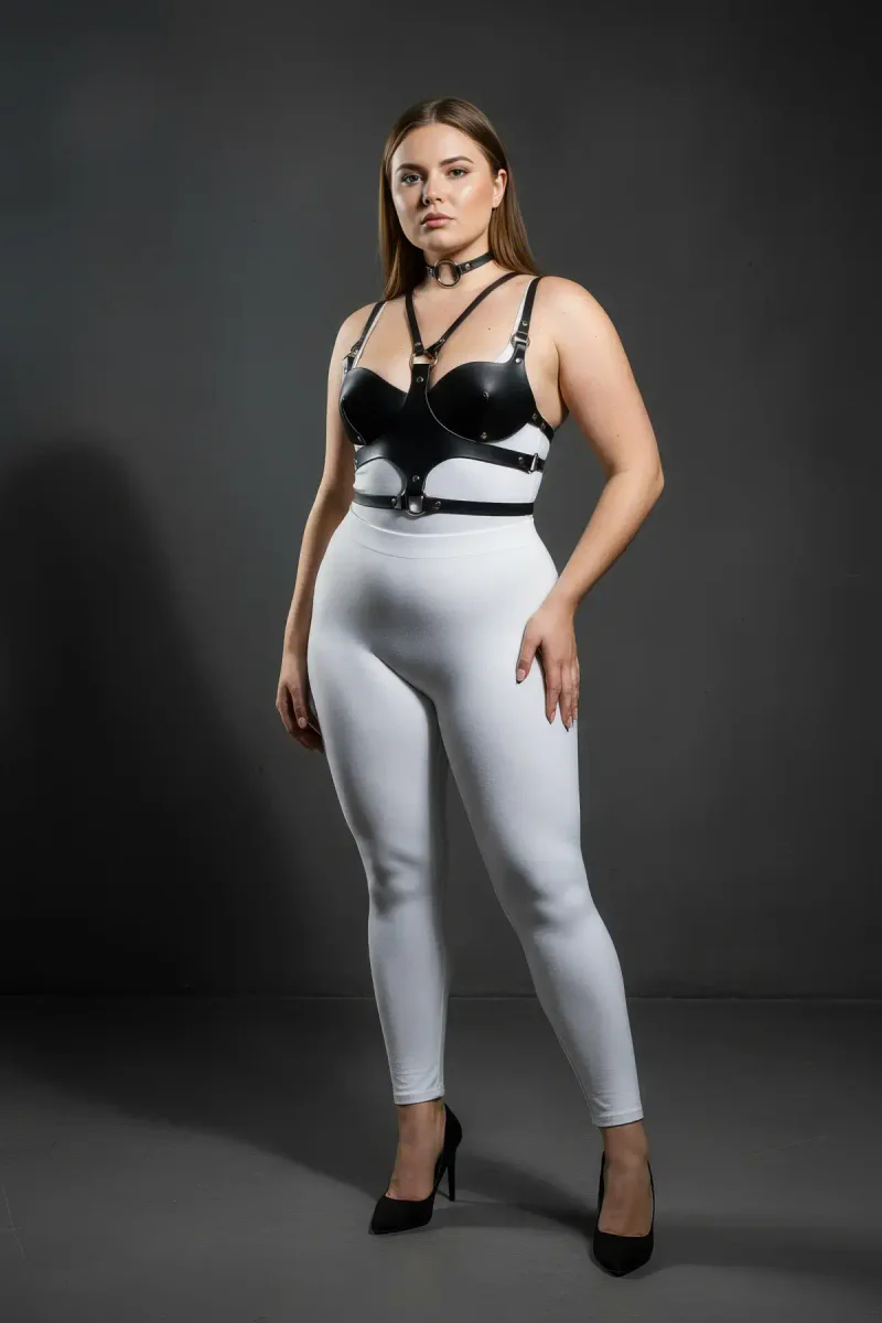 Plus size model wearing black faux leather chest harness and choker, front view.