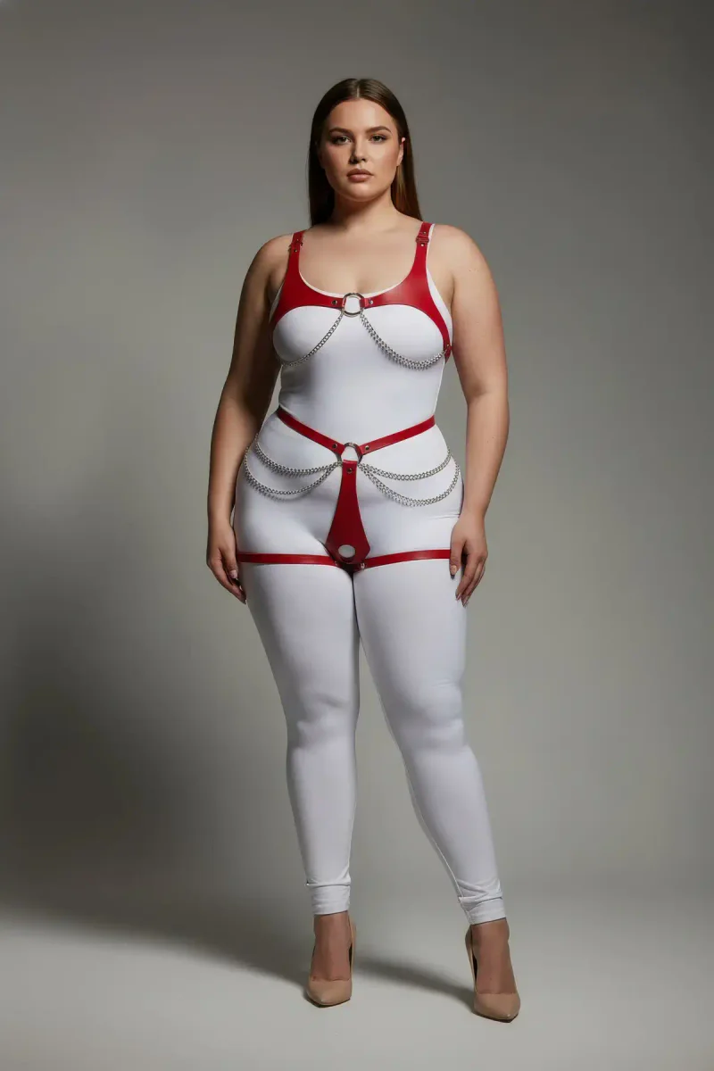 Red Faux Leather Body Harness with Silver O-Rings and Draping Chains Worn on Plus Size Model