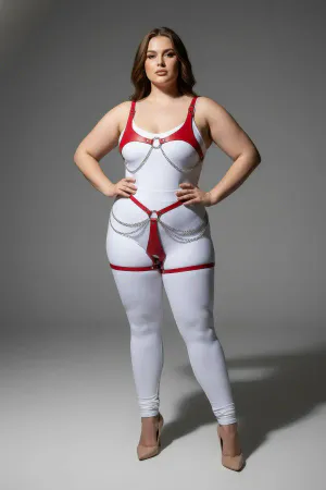 Red Faux Leather Body Harness with Silver O-Rings and Draping Chains Worn on Plus Size Model