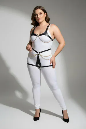 Black Faux Leather Body Harness with Gold Chains and O-Rings worn on model