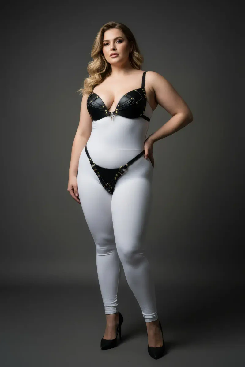 Black Studded Faux Leather Bra and Thong Harness Set on a plus-size model