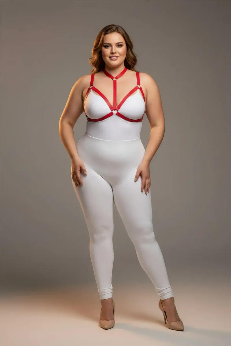 Red strappy body harness front view, showing O-ring connectors