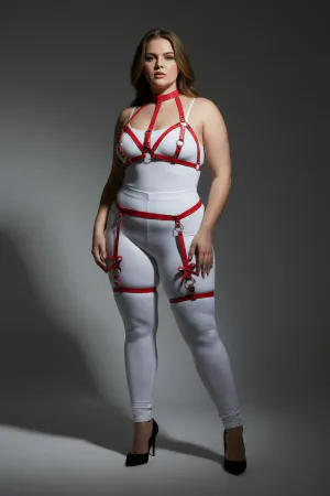 Büyük Beden Kırmızı Kadın Deri Görünümlü Fiyonk Detaylı Jartiyer Harness Takım - APFT310