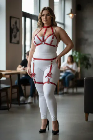 Büyük Beden Kırmızı Kadın Deri Görünümlü Fiyonk Detaylı Jartiyer Harness Takım - APFT310