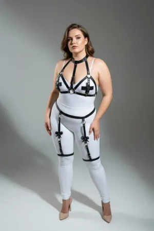 Büyük Beden Siyah Kadın Deri Jartiyer Harness Büstiyer Detaylı Fantazi Takım - APFT310