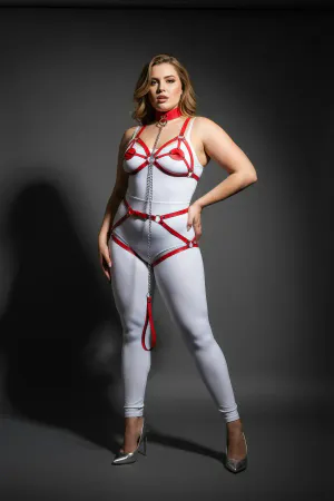 Büyük Beden Kırmızı Kadın Jartiyer Harness Zincir Detaylı Deri Tam Vücut Aksesuarı - APFT311