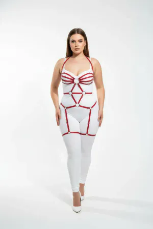 Büyük Beden Kırmızı Kadın Jartiyer Harness Tam Vücut Halka Detaylı Fantazi Aksesuar - APFT568