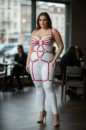 Büyük Beden Kırmızı Kadın Jartiyer Harness Tam Vücut Halka Detaylı Fantazi Aksesuar - APFT568