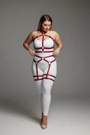 Büyük Beden Kırmızı Kadın Jartiyer Harness Tüm Vücut Saran Deri Fantazi Aksesuar - APFT598