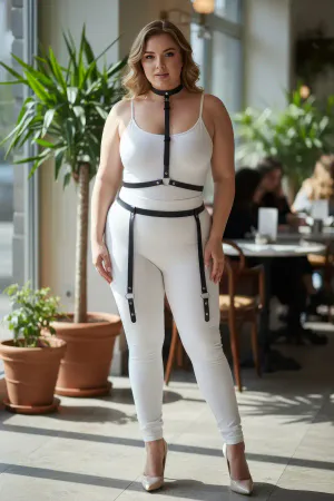 Büyük Beden Siyah Kadın Jartiyer Harness Boyun ve Bacak Detaylı Deri Aksesuar - APFT230