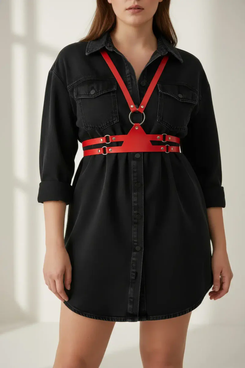 Red Vegan Leather Chest Harness Front