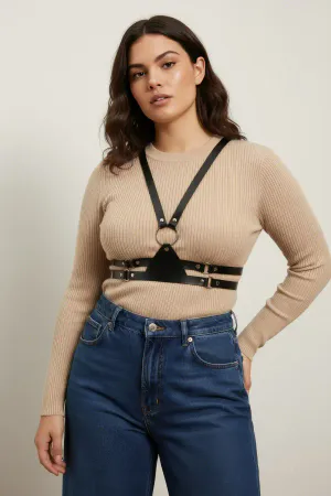 Wide Faux Leather Underbust Harness Belt Black Adjustable Straps