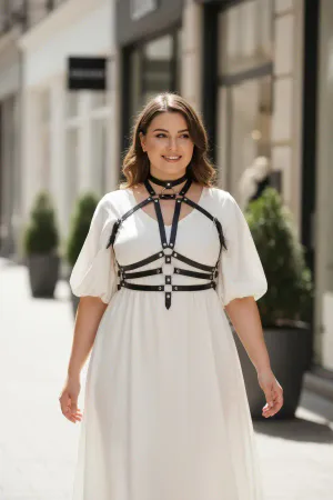 Black Faux Leather Cage Harness with Choker and O-Rings Worn Over White Dress