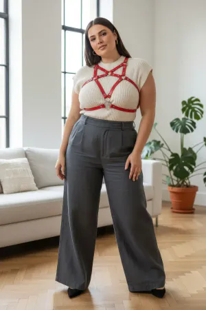 Red Faux Leather Chest Harness O-Ring Detail Plus Size