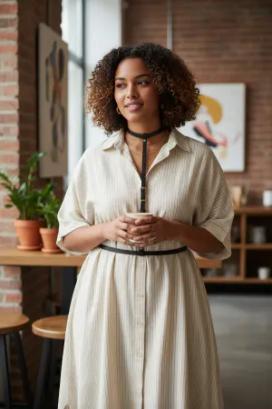 Black Minimalist Choker Body Harness with Adjustable Waist Belt worn over a beige striped dress