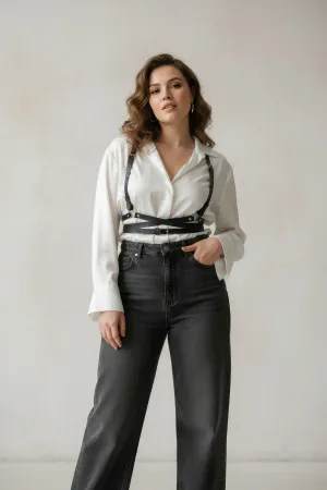 Büyük Beden Siyah Kadın Kemer Çapraz Askılı Deri Vücut Aksesuarı - APFT198