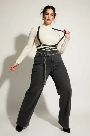 Büyük Beden Siyah Kadın Kemer Çapraz Askılı Deri Vücut Aksesuarı - APFT198