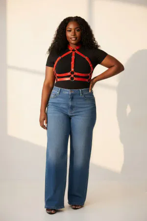 Büyük Beden Kırmızı Kadın Kemer Ayarlanabilir Deri Harness Vücut Aksesuarı - APFT218