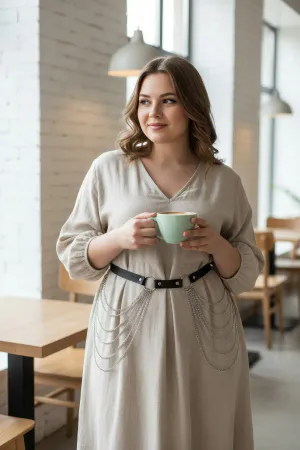 Büyük Beden Siyah Kadın Deri Kemer Zincir Detaylı Elbise Üstü - APFT391