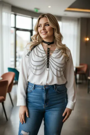 Black Faux Leather Choker Chest Harness with Draped Silver Chains on a woman wearing a white shirt