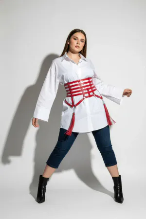 Red Caged Waist Harness Faux Leather Detachable Tassels Front View