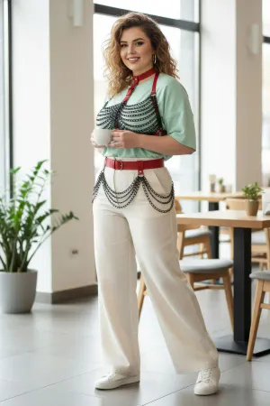 Büyük Beden Kırmızı Kadın Kemer Zincir Detaylı Deri Vücut Aksesuarı - APFT438