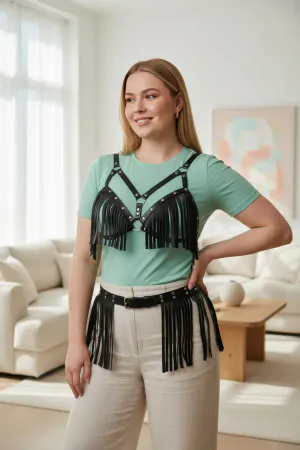 Büyük Beden Siyah Kadın Kemer Püskül Detaylı Deri Kombin Aksesuar - APFT440